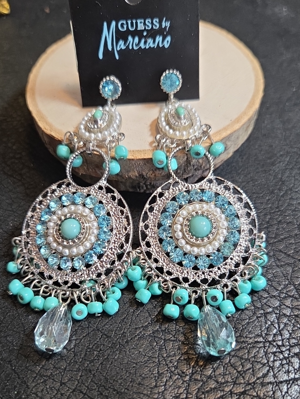 Guess by Marciano Silver-Tone Turquoise and Aqua Crystal And Pearl Drop Earrings